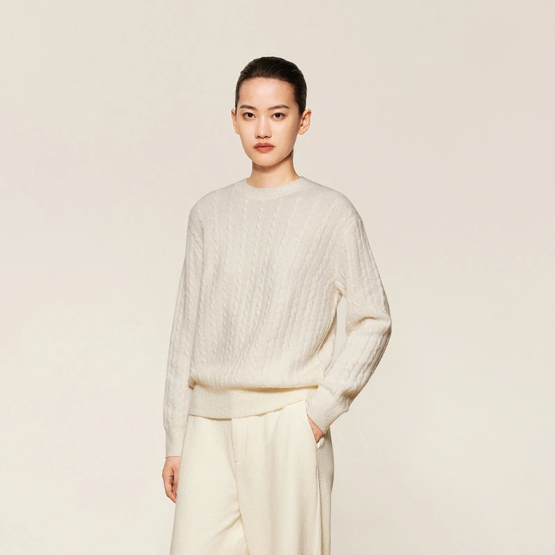 LESS秋冬圆领套头针织衫女简约慵懒复古绞花纯色毛衣2OA311610