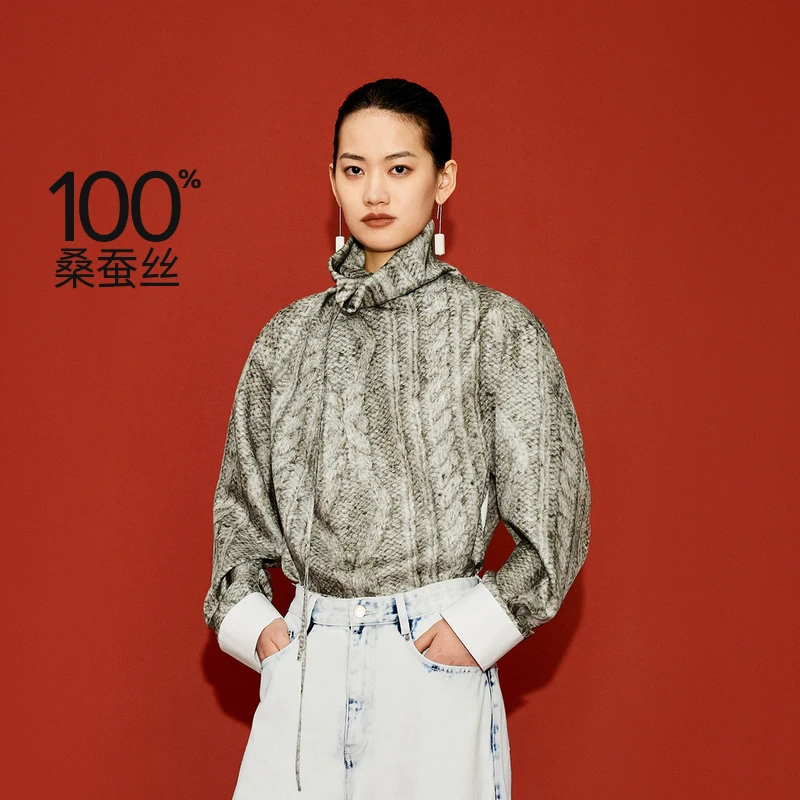 LESS设计感荡领系带桑蚕真丝纹路花型高领套头垂感衬衫2OB213590