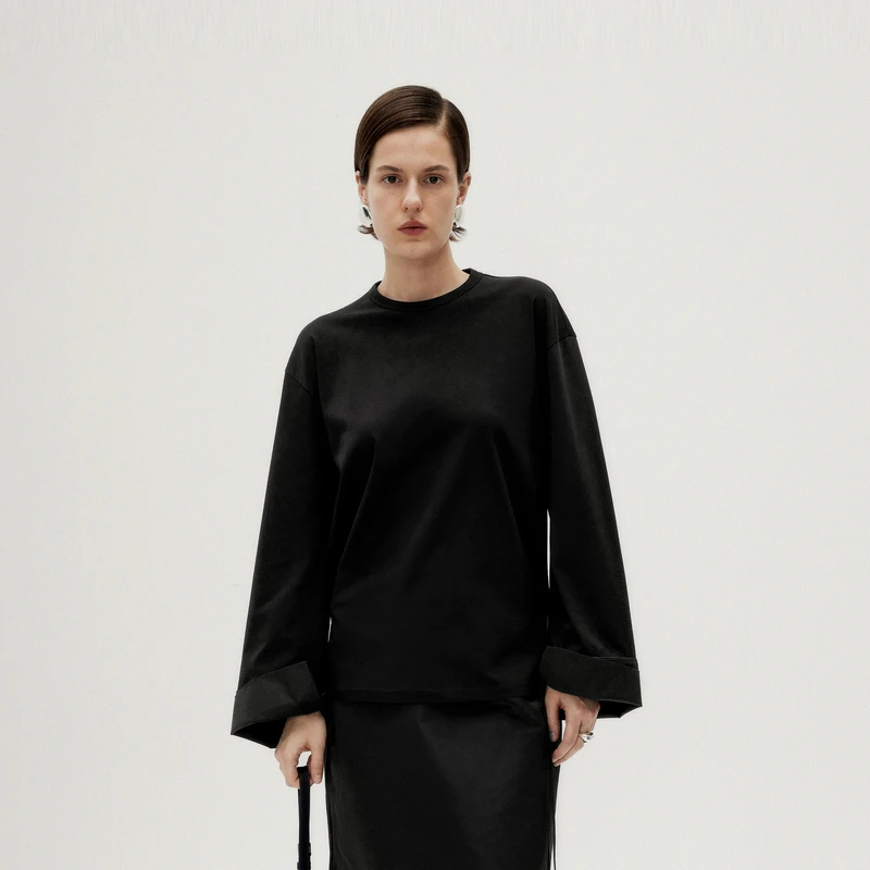 LESS棉质圆领长袖T恤女大袖口设计感窄版时尚简约上衣2O1112060