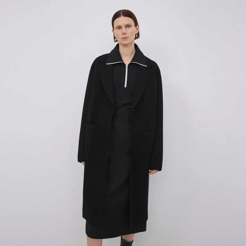 LESS冬季通勤简约黑色长款羊毛呢大衣外套2N0312150