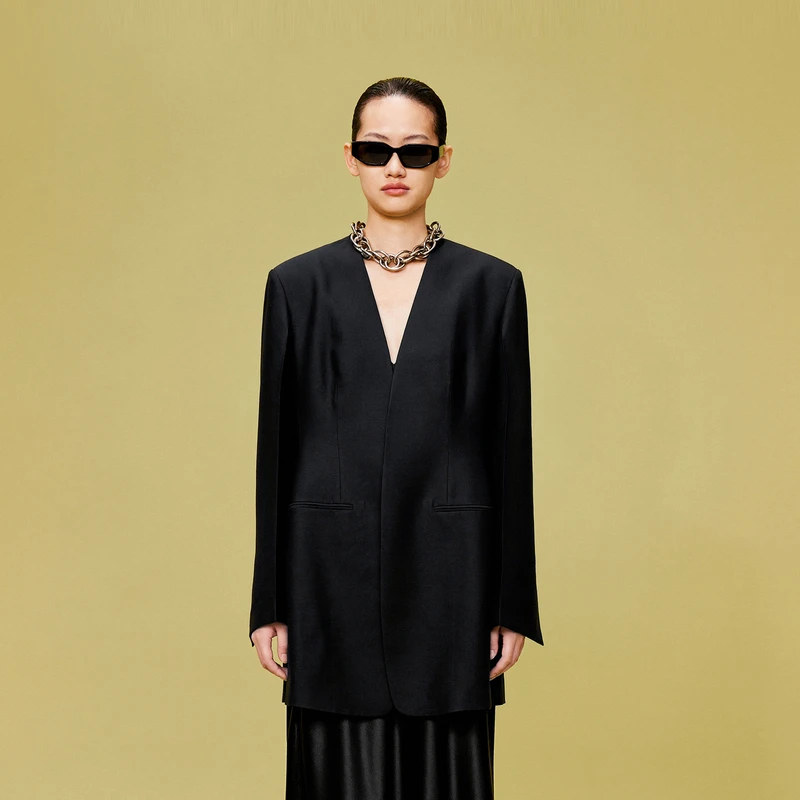 LESS春季无领西装女桑蚕丝羊毛通勤气质收腰西服外套2O1711070