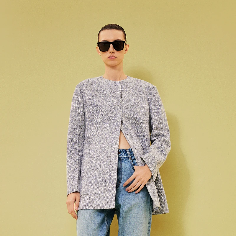 LESS夏无领重工休闲感舒适新中式国风暗斜纹格宽松西装2O3712210