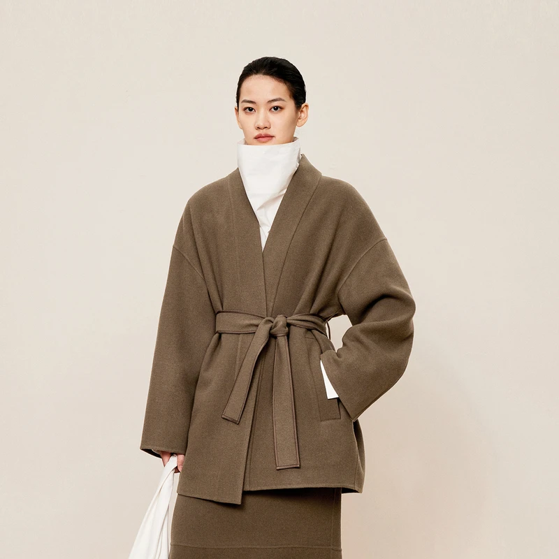 【0压系列】LESS冬季绵羊毛无领气质中长款双面呢外套女2O0812590