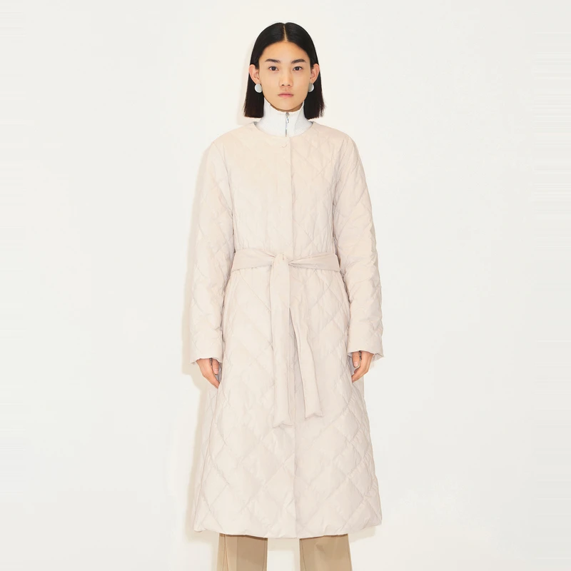 LESS白鸭绒外套女复古菱格女款轻薄系带白色长款羽绒服2M9C12070