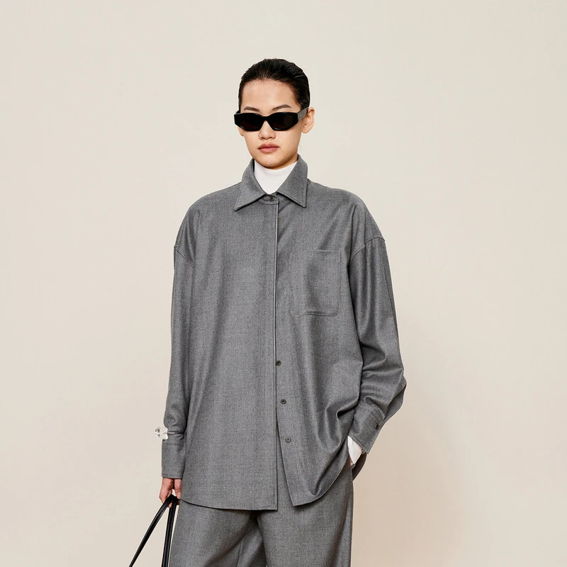 LESS冬长袖箱形绒感衬衣女时尚绵羊毛衬衫领长袖衬衫2O0211810