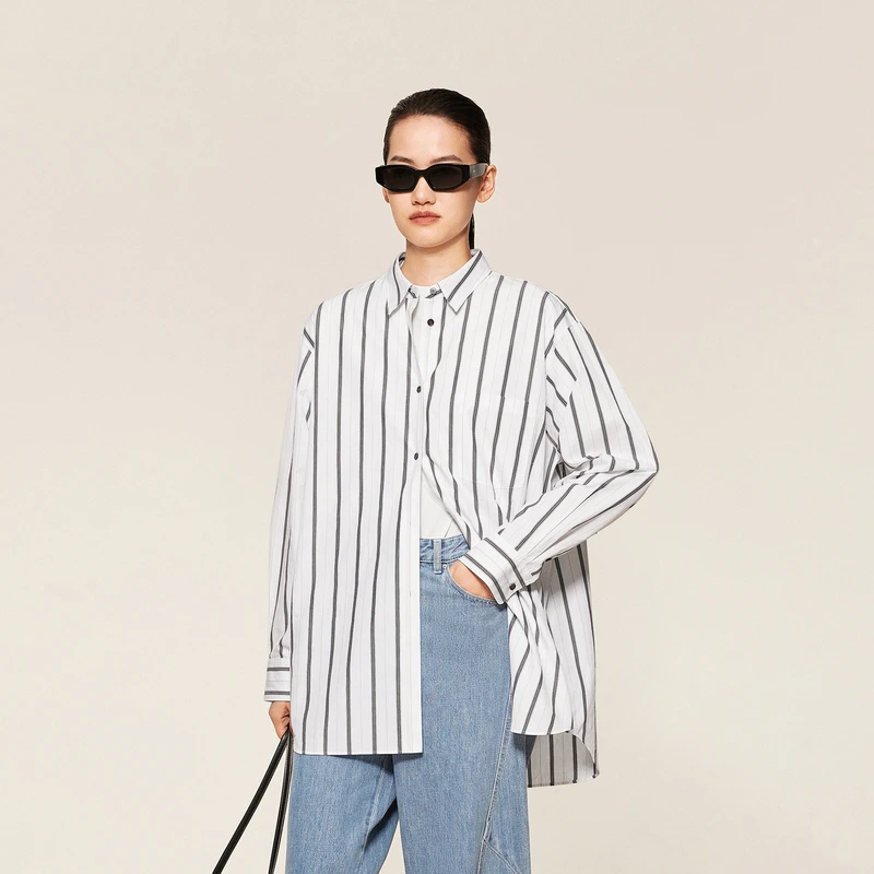 LESS通勤条纹上衣女春秋休闲男友风全棉宽松长袖衬衫女2O0210510