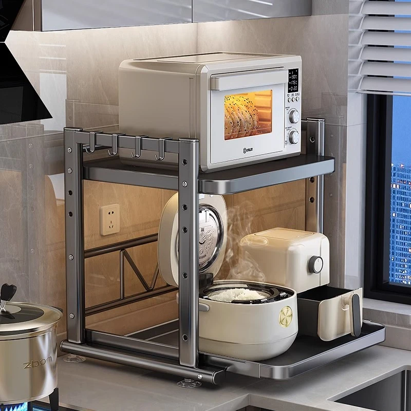 优勤微波炉置物架厨房多功能台面电饭煲锅烤箱收纳架子一体抽拉式