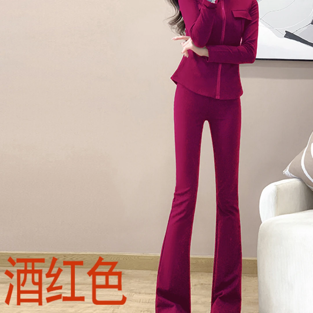 2024早春新款套装时尚休闲气质长袖修身酒红色卫衣修身微喇两件套