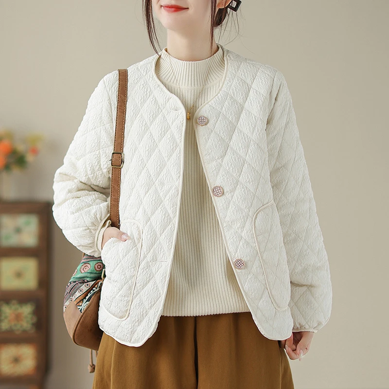 女士棉服薄款小香风菱形格夹薄棉2024春秋冬泡泡纱休闲外套棉衣女