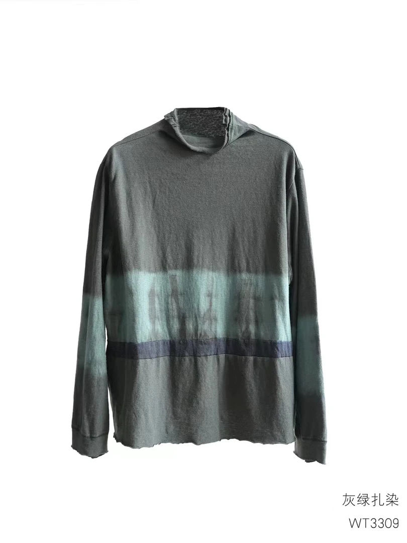 几见原创设计扎染长袖T恤休闲百搭棉麻高领拼接下摆WT3309