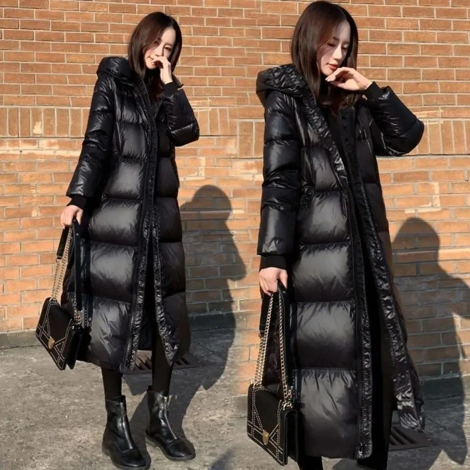 羽绒服2023新款黑色羽绒服韩版长款亮面羽绒服女加厚修身羽