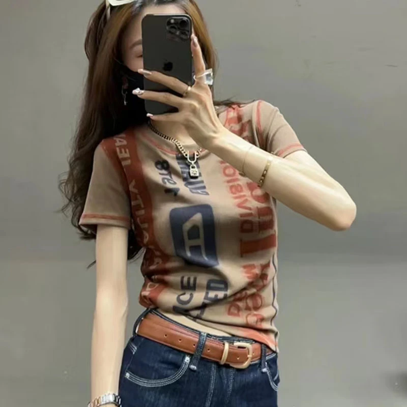欧货潮流印花修身显瘦正肩短袖t恤女夏季百搭高级感洋气减龄上衣