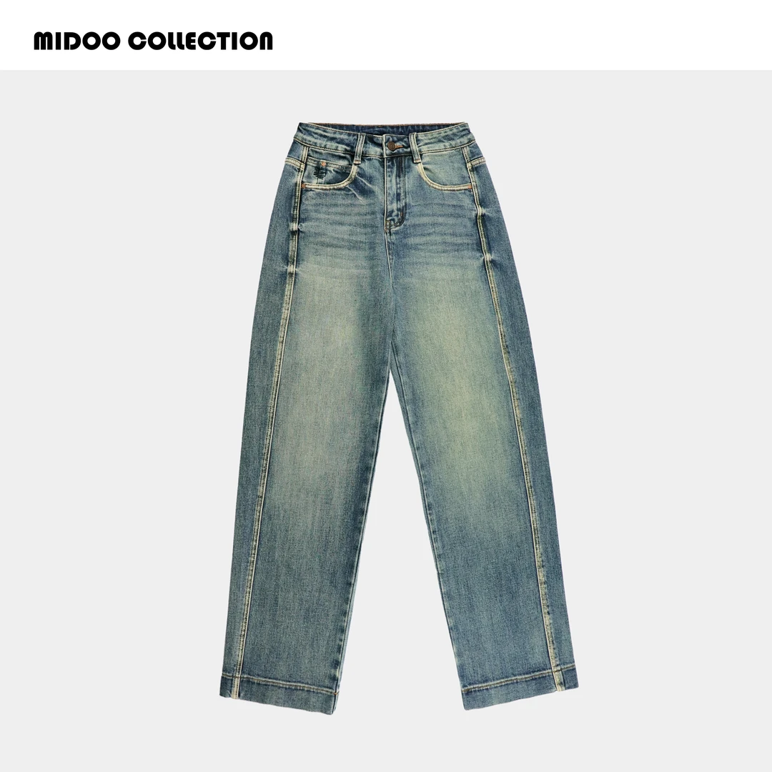 MIDOO 小众设计 明线显瘦阔腿牛仔裤
