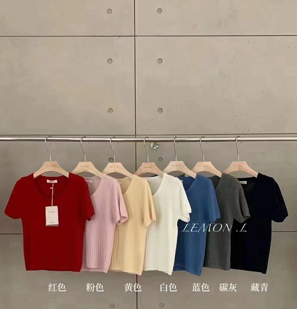 二里定制薄款短袖针织衫女夏季纯色竖条纹正肩圆领宽松软糯上衣