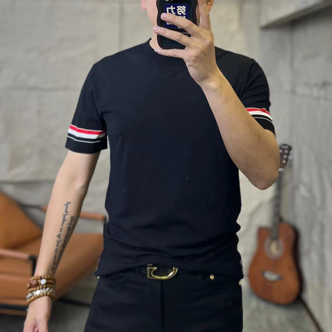 男装新款针织短袖  男士轻奢百搭高品质夏季半袖修身条纹圆领