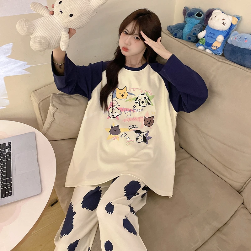 2024年睡衣女士棉质长袖长裤套装春秋季休闲大码带胸垫宽松家居服