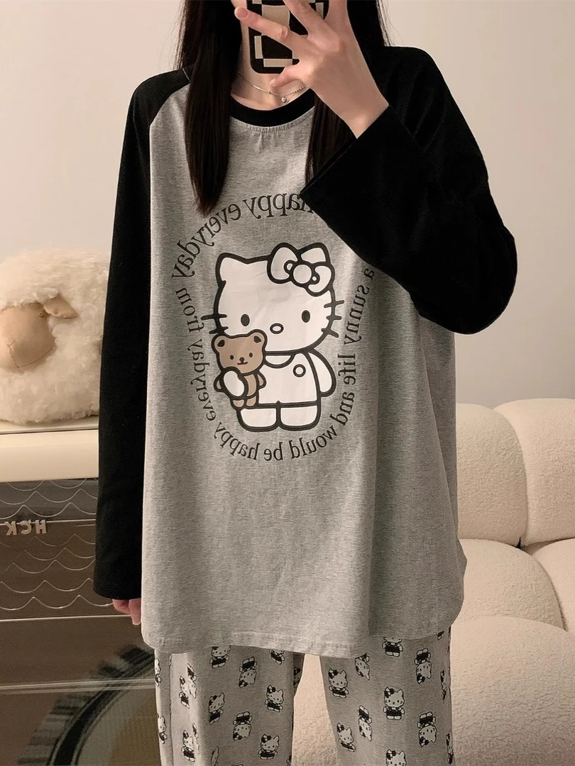 新款爆款秋季棉质睡衣可爱款女士长袖长裤套装带胸垫宽松家居服