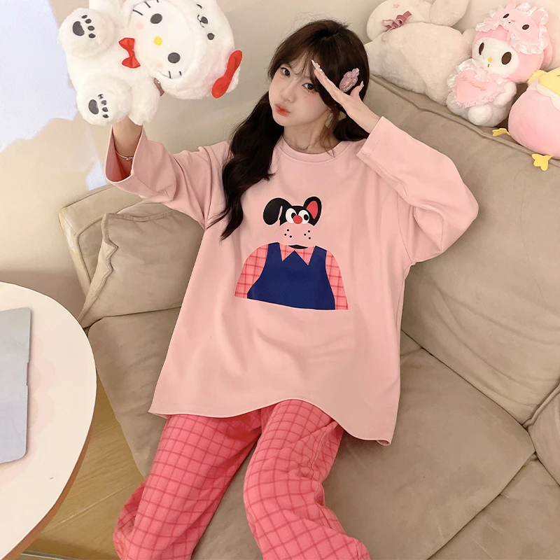 2024年睡衣女士长袖长裤套装棉质春秋季休闲大码带胸垫宽松家居服