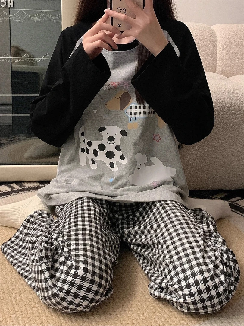 新款爆款秋季棉质睡衣女士长袖长裤套装带胸垫2004年宽松家居服