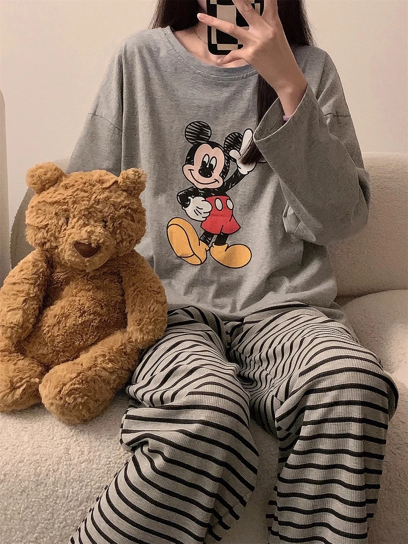 新款爆款2024年秋季棉质睡衣女士长袖长裤套装带胸垫宽松家居服