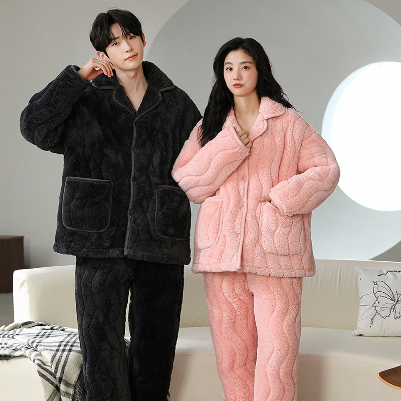 情侣套装加绒加厚三层夹棉睡衣2024年保暖珊瑚绒秋冬季家居服套装