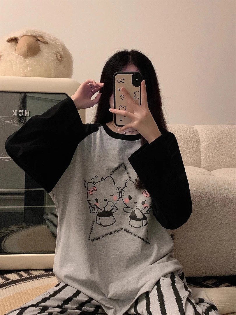 爆款秋季休闲2024年棉质睡衣女士长袖长裤套装带胸垫宽松家居服