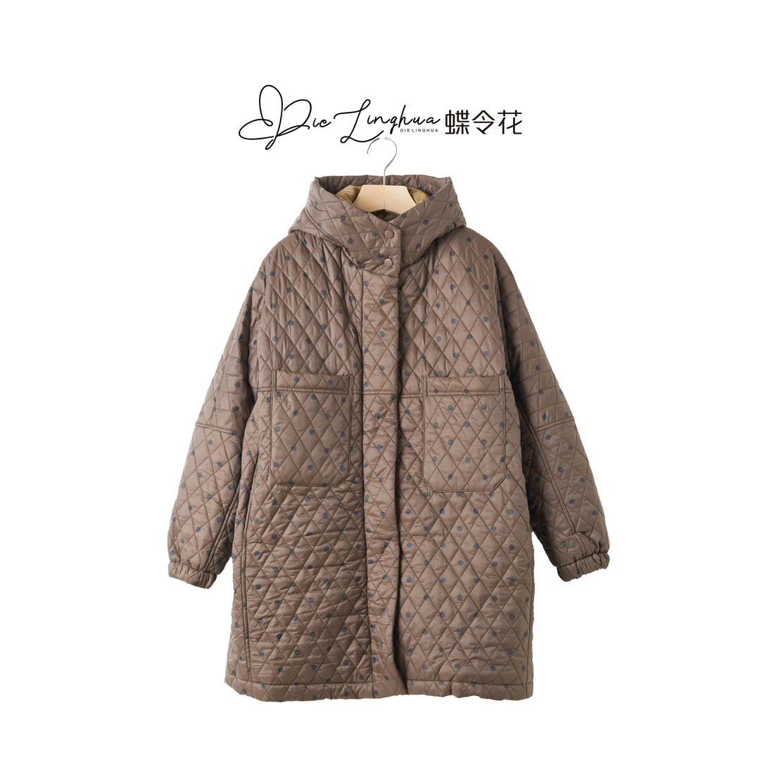 波点时尚简约连帽外套秋冬休闲女士带帽潮流百搭宽松中长款23163