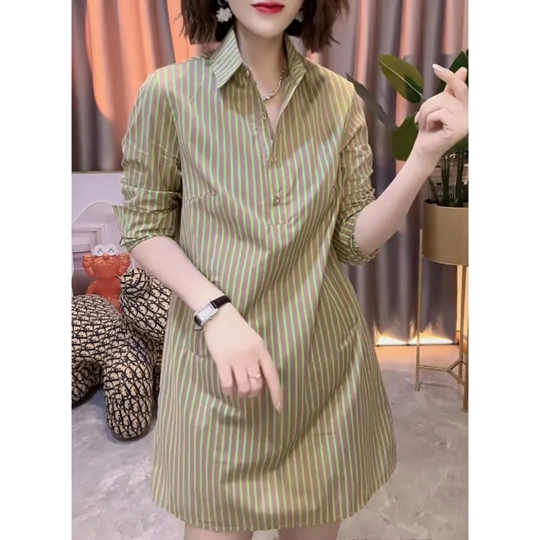 2026春季新款时尚条纹长袖衬衫连衣裙气质小个子显瘦翻领印花裙子