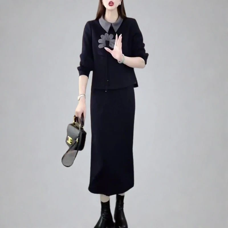 时尚休闲套装裙女2025秋冬新款气质显瘦翻领花朵上衣半身裙两件套