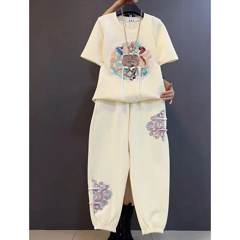 2025夏季新款宽松显瘦大码国风刺绣上衣束脚裤两件套时尚短袖套装
