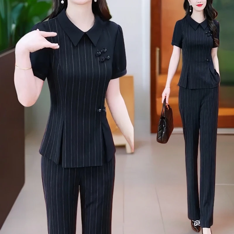 2026夏季新款气质显瘦国风盘扣条纹短袖上衣微喇叭裤休闲两件套装