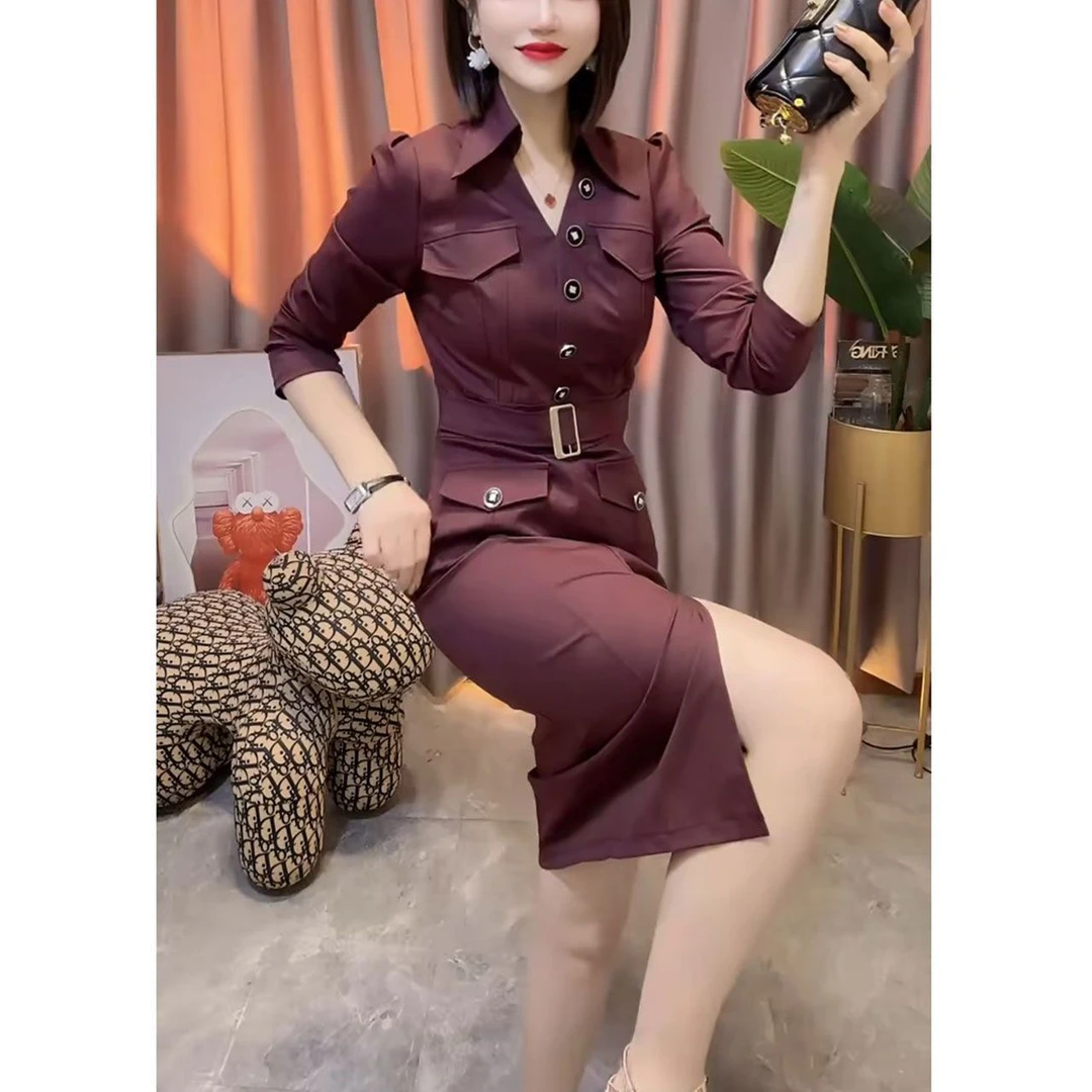 时尚POLO领长袖连衣裙女2025秋季新款修身收腰显瘦中长款开衩裙子