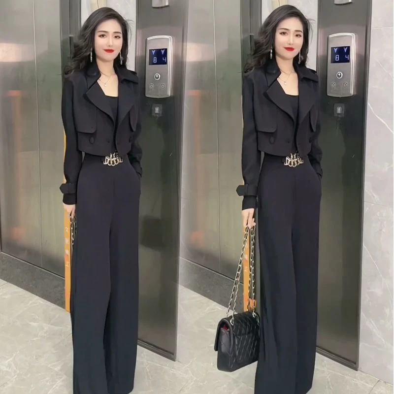 2025春秋新款时尚连体裤套装洋气显瘦短款上衣外套阔腿裤两件套女