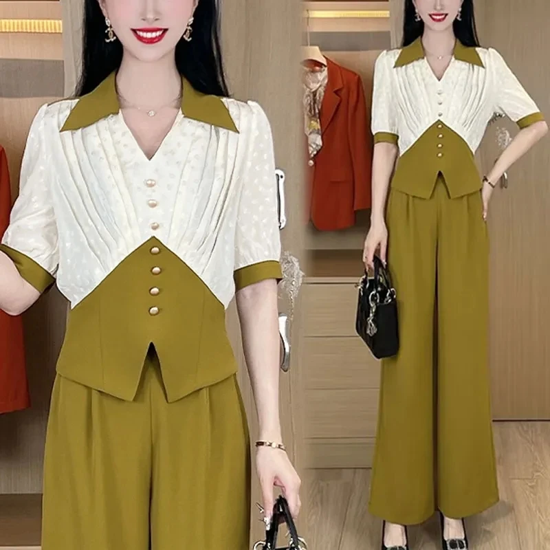 时尚短袖套装女2025夏季新款气质显瘦拼色衬衫上衣阔腿裤子两件套