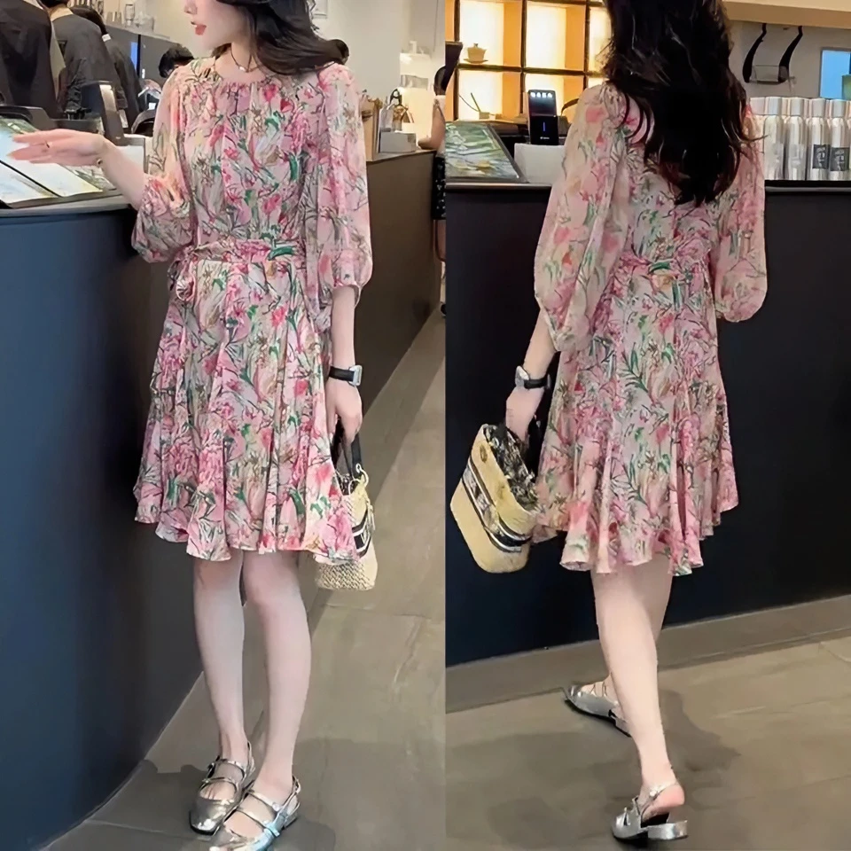 大码时尚短袖连衣裙2025夏季新款气质宽松显瘦泡泡袖休闲碎花裙子