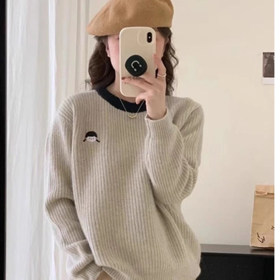 秋冬季加厚宽松针织衫慵懒风上衣温柔风奶fufu圆领百搭休闲毛衣