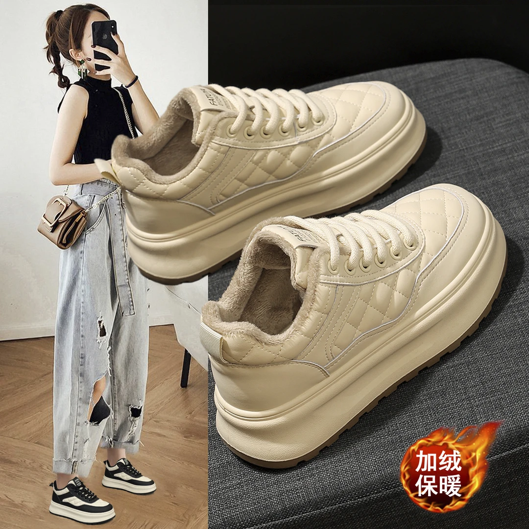 法图雅2024冬季高帮加绒厚底小白鞋时尚厚底百搭爆款女鞋防滑保暖