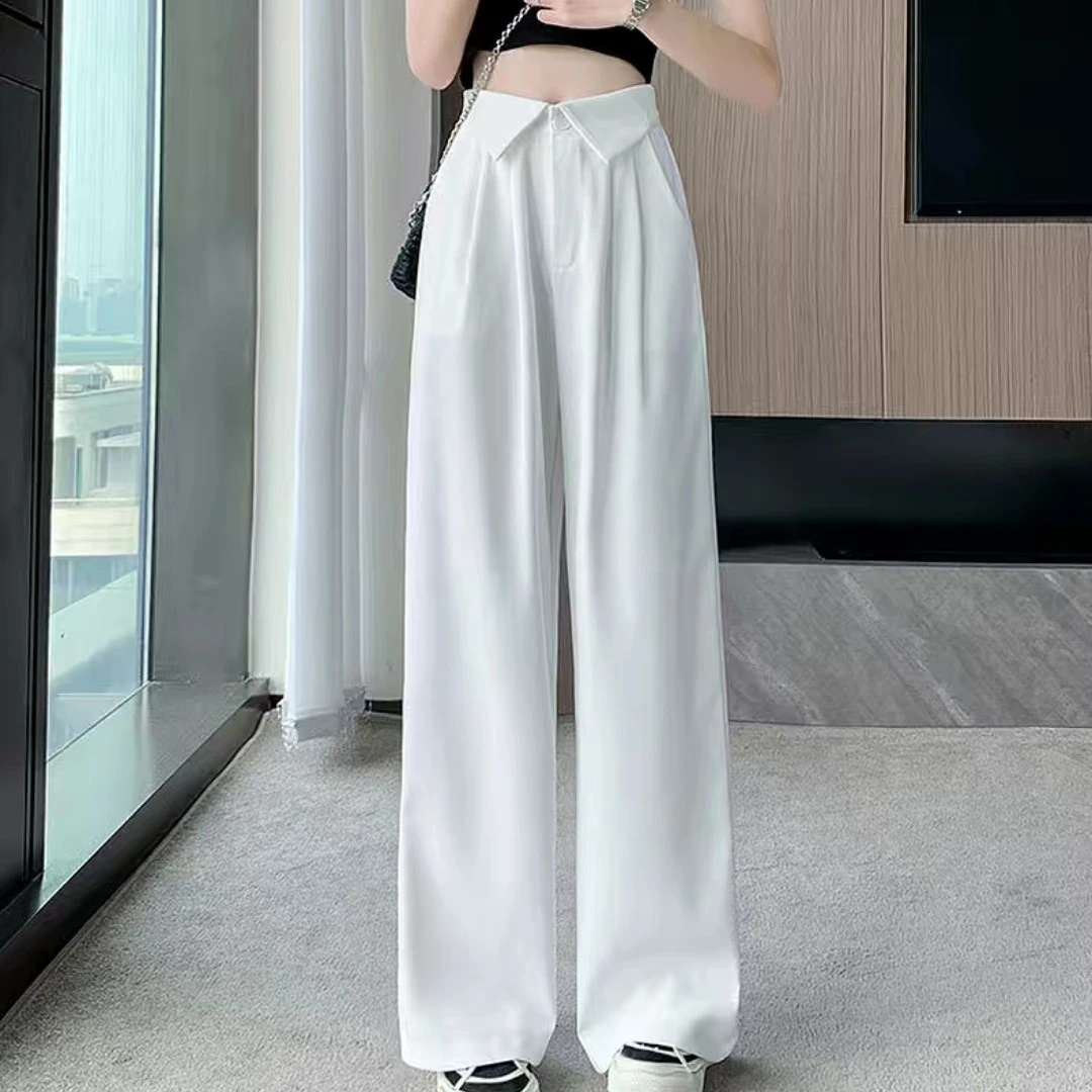 西装裤女小个子简约时尚设计感翻边阔腿裤春季薄款窄版直筒裤子