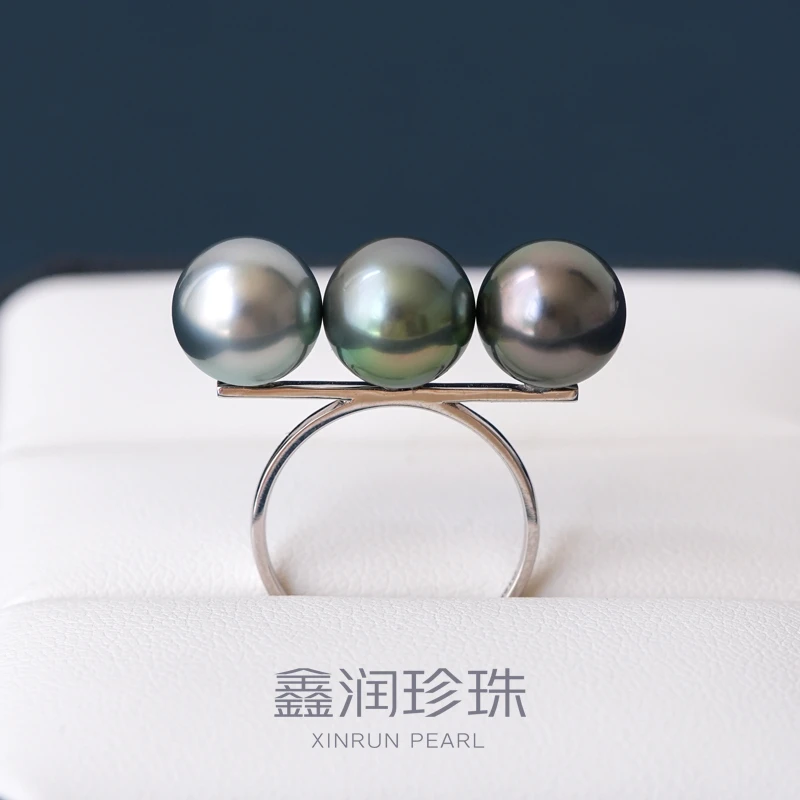 18K金三珠大溪地黑珍珠戒指9-10MM轻奢气质时尚百搭*多样性发一