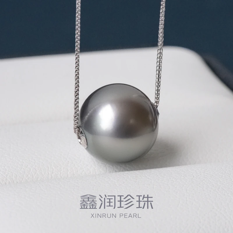 18K金贴片大溪地黑珍珠铂金灰海水珍珠项链12-13MM气质多样性发一