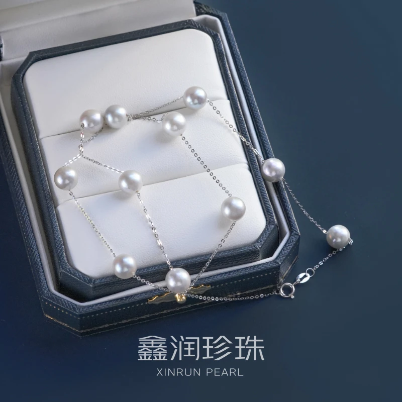 18K金镶嵌满天星Akoya日本海水真多麻珍珠项链7-7.5MM*多样性发一