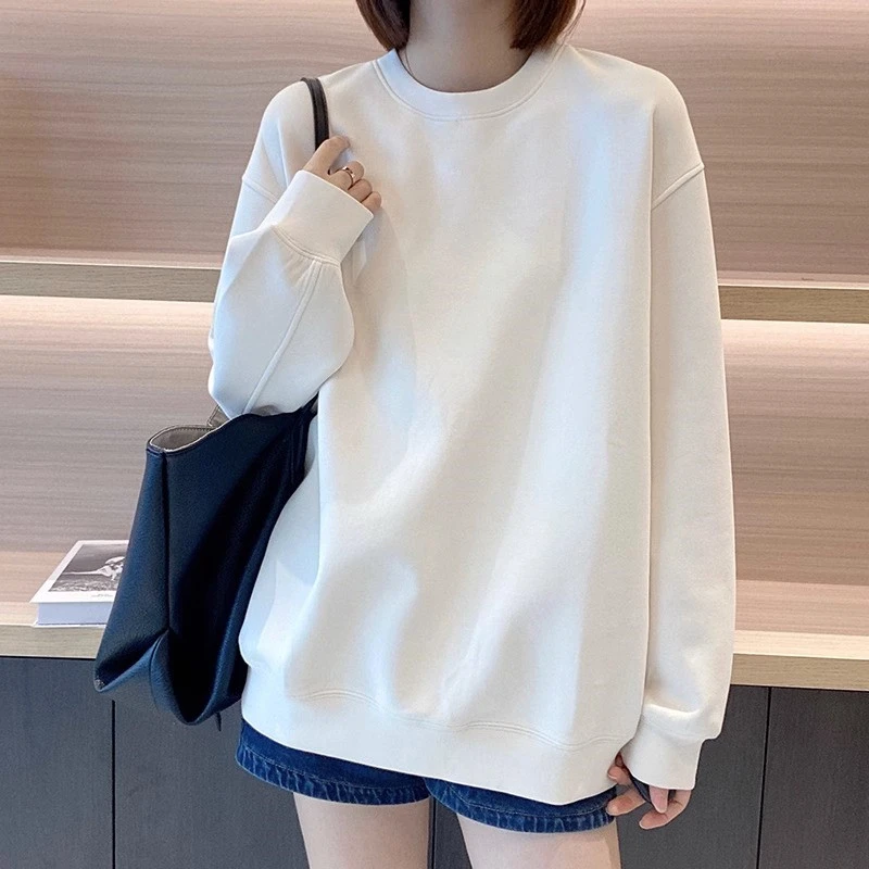 大码女装胖mm加绒加厚oversize白色圆领卫衣美式潮牌纯色简约上衣