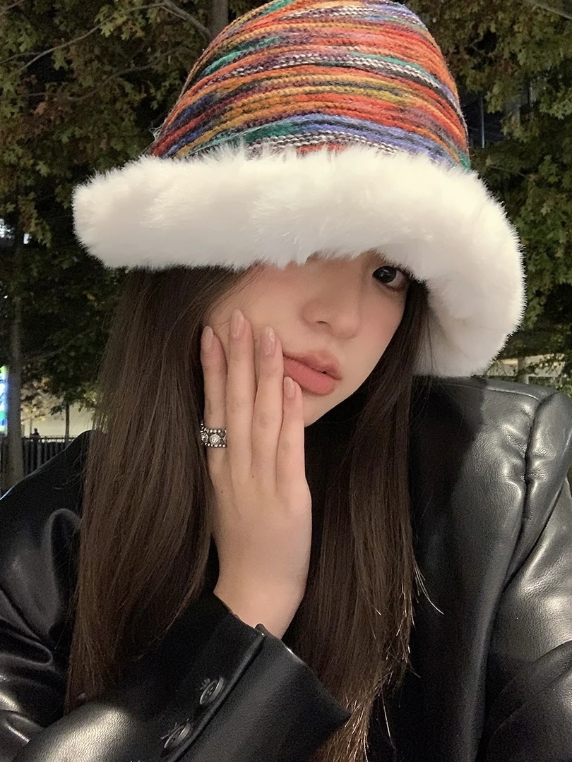 彩虹毛边毛线帽女秋冬季毛茸茸渐变针织帽子加绒大头