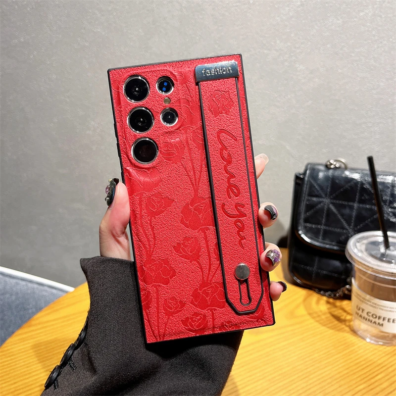 三星S23Ultra腕带支架皮纹S24 Ultra轻奢复古皮纹手机壳S22Ultra