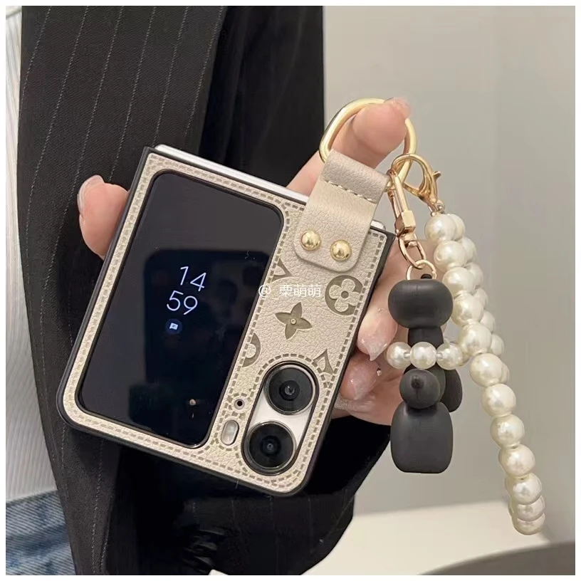 新款皮纹指环扣适用OPPO Find N3flip手机壳奢华手链N2flip折叠