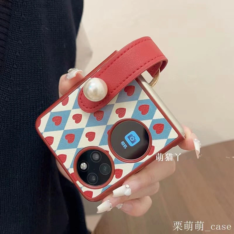 皮质菱格爱心适用华为p50 pocket折叠手机壳pocket 2女款珍珠手提