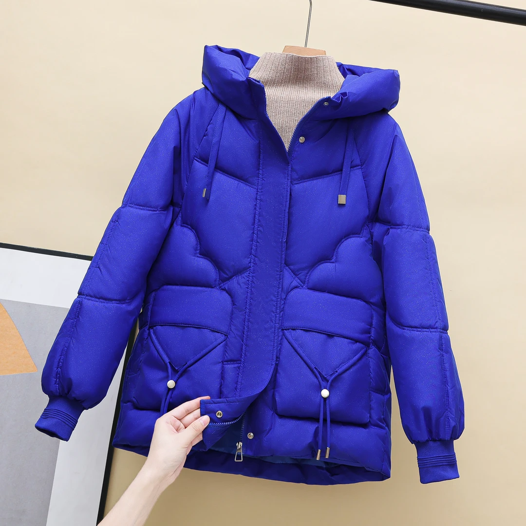 2024冬季百搭亮闪闪棉服女韩版宽松时尚休闲中长款连帽棉袄外套女