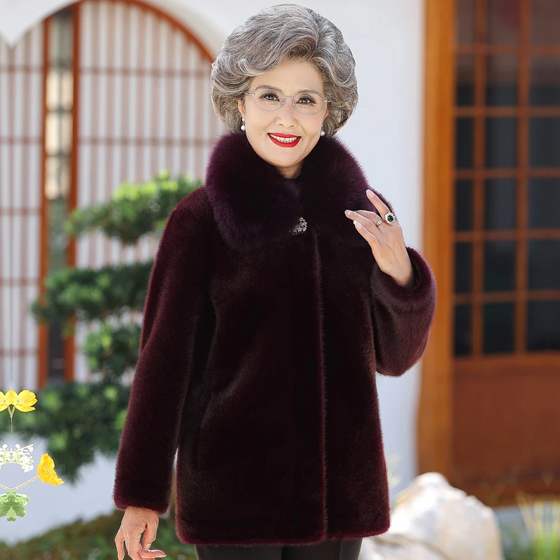 中老年人冬装女奶奶仿皮草外套时尚妈妈装皮毛一体老太太保暖大衣