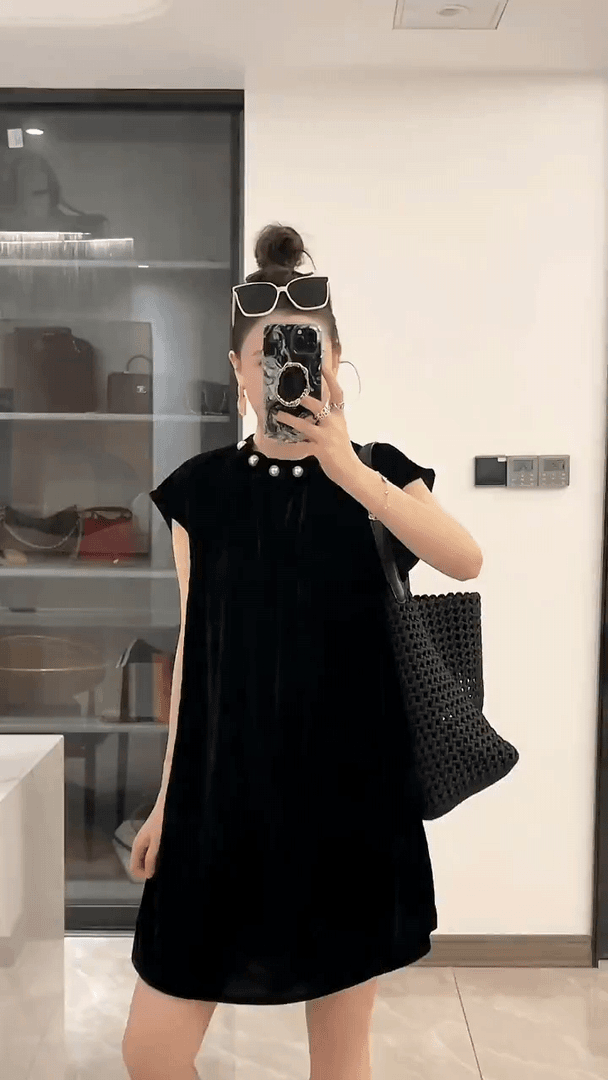 简约宽松休闲显瘦连衣裙女新款纯色百搭短袖中长裙子