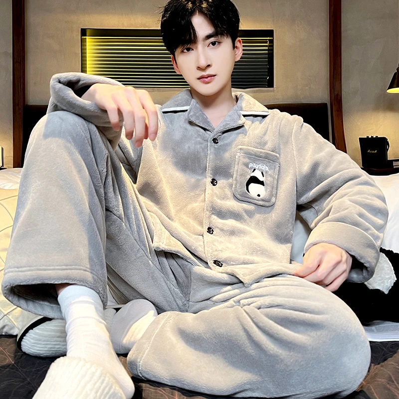 睡衣男秋冬加厚珊瑚绒套装可外穿家居服保暖长袖春秋大码法兰绒61